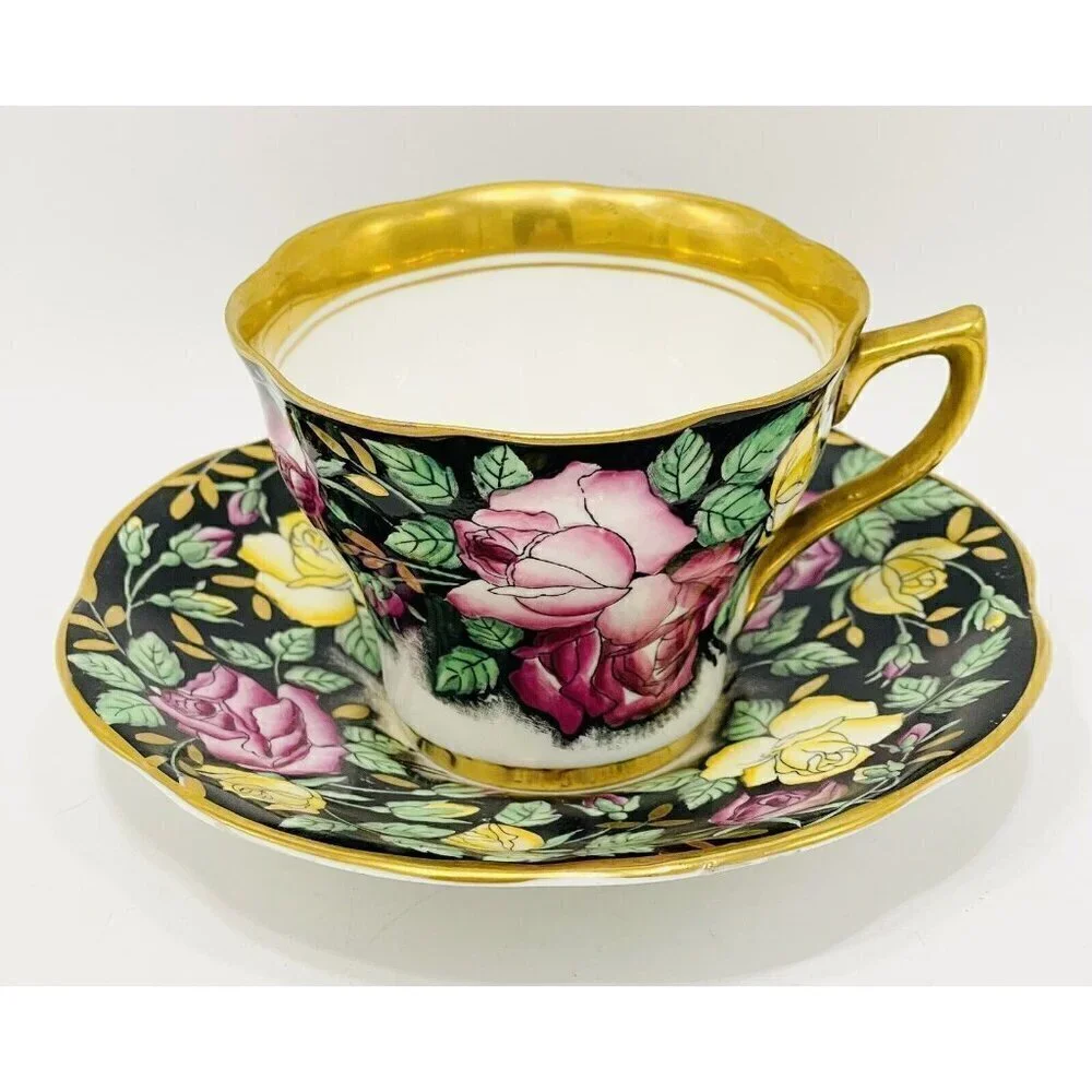 Vintage Rosina Pink & Yellow Roses Black & Gold Tea Cup & Saucer 4861 Bone China